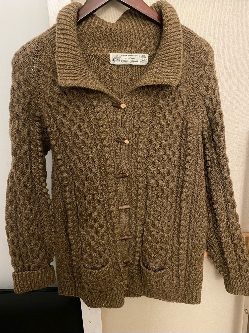 Aran Cable Knit Shawl Collar Sweater Cardigan Brown Handknit Irish Wool